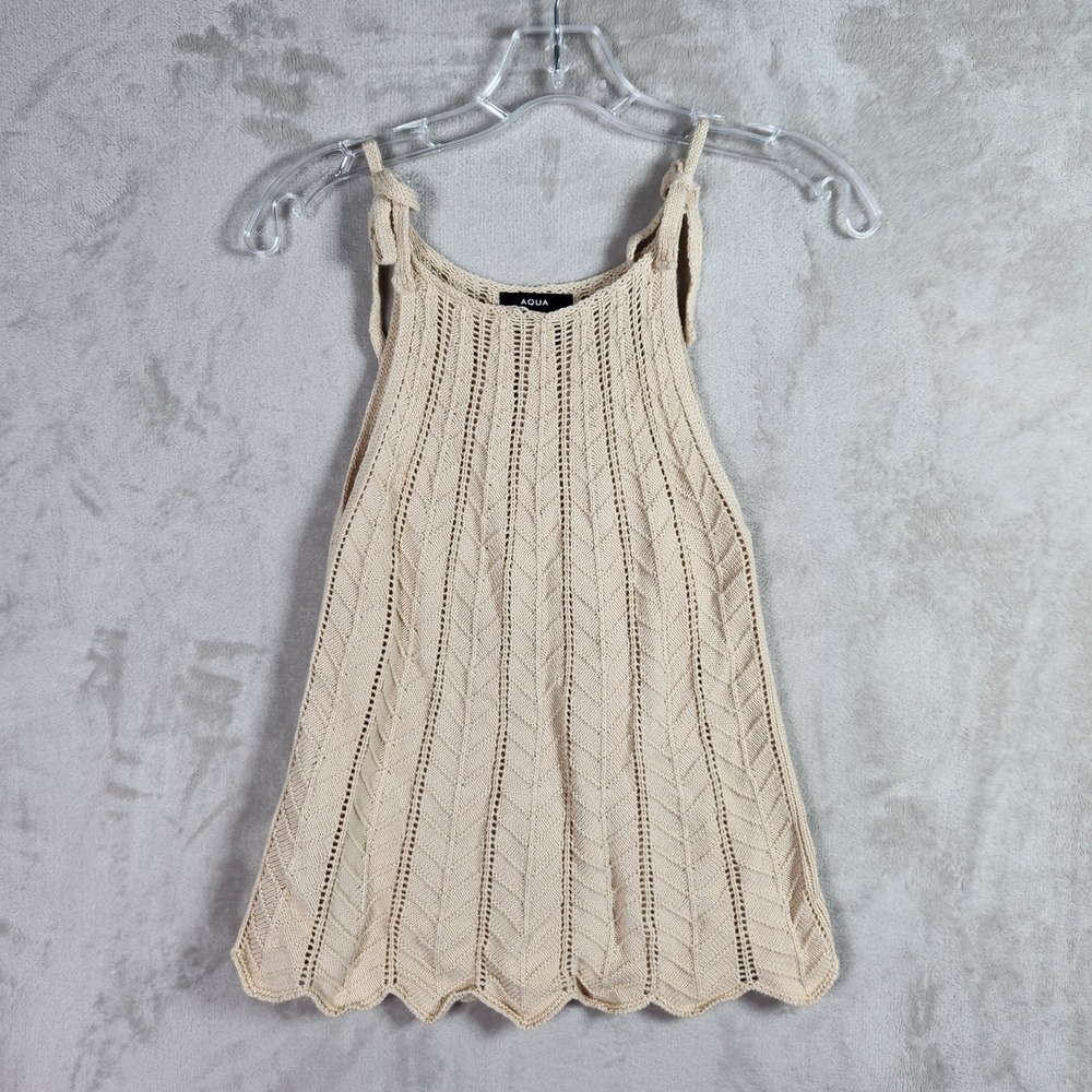 AQUA Crochet Knit Tank Top Womens Small Beige Scalloped Hem Boho Summer Festival